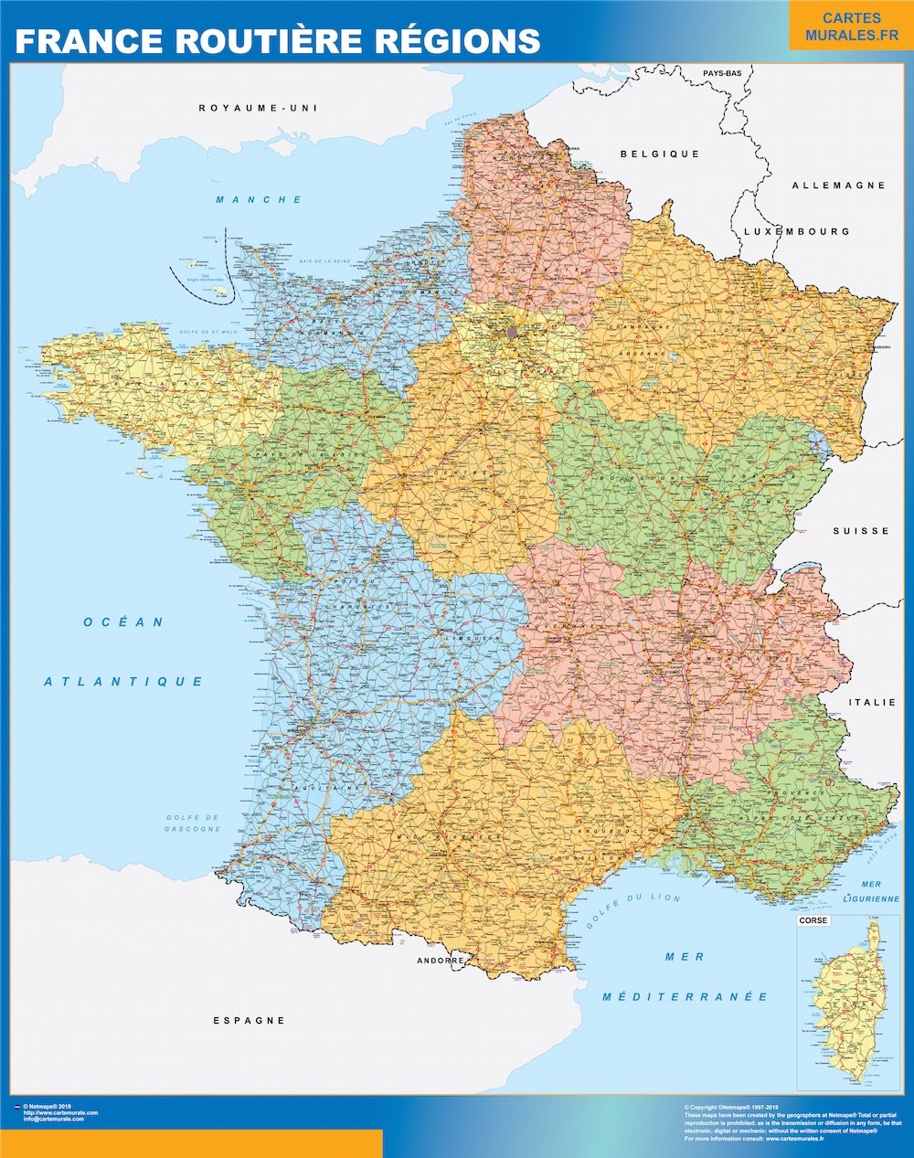 Carte France Routiere Regions affiche murale