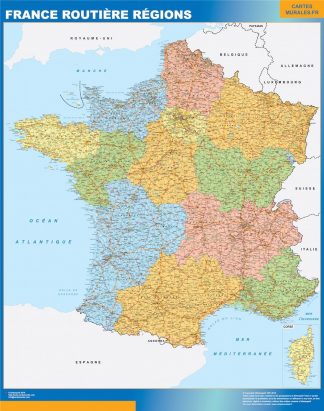 Carte France  Routiere Regions affiche murale
